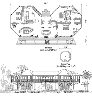 Classic Hawaii Home Floor Plan (2915 Sq. Ft. with 3 Bedrooms and 3.5 Bathrooms, including Living Room, Dining Room, Kitchen, Foyer, Laundry). Home building on sloping mountain terrain or coastal regions of Hawaii.