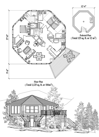 Elevated Hurricane Home House Plans (Pedestal foundation) Floor Plan (1250 Sq. Ft. with 3 Bedrooms and 2 Bathrooms, including Living Room, Dining Room, Kitchen). Best for home building in Coastal regions and Tropical Islands.