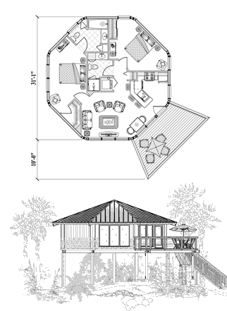 Elevated Hurricane-proof  Piling home, stilt house or pedestal home Floor Plan (800 Sq. Ft. with 2 Bedrooms and 2 Bathrooms, including Living, Dining, Kitchen, Laundry). Best for home building in the Bahamas and other Caribbean locations.