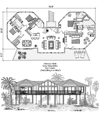 Elevated Hurricane-proof  Piling home, stilt house or pedestal home Floor Plan (1980 Sq. Ft. with 4 Bedrooms and 3 Bathrooms, including Living, Dining, Kitchen, Foyer, Laundry). Best for home building in the Bahamas and other Caribbean locations.