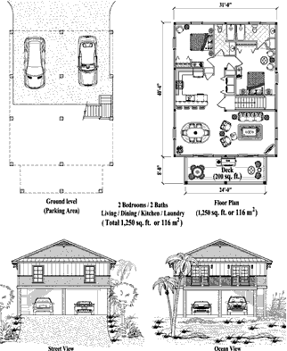 Elevated Hurricane-Proof Home in Florida (Piling foundation) Floor Plan (1250 Sq. Ft. with 2 Bedrooms and 2 Bathrooms, including Living, Dining, Kitchen, Laundry). Best for home building in Florida and the Florida Keys.