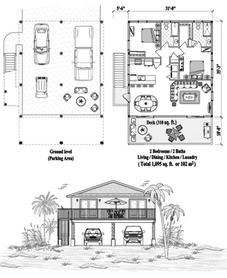 Elevated Hurricane-Proof Home in Florida (Piling foundation) Floor Plan (1095 Sq. Ft. with 2 Bedrooms and 2 Bathrooms, including Living, Dining, Kitchen, Laundry). Best for home building in Florida and the Florida Keys.