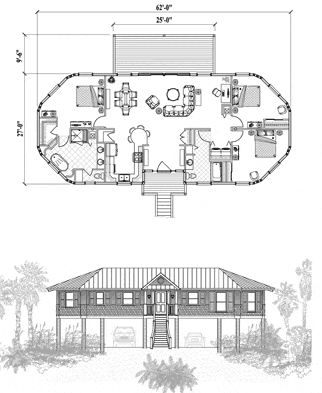 Elevated Hurricane-Proof Home in Florida (Piling foundation) Floor Plan (1525 Sq. Ft. with 3 Bedrooms and 2 Bathrooms, including Living, Kitchen, Laundry, Foyer, Deck). Best for home building in Florida and the Florida Keys.