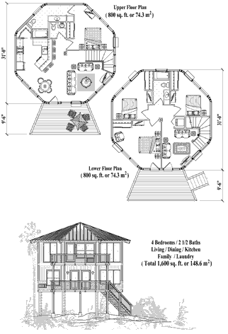 Elevated Hurricane-Proof Home in Florida (Two-Story Piling foundation) Floor Plan (1600 Sq. Ft. with 4 Bedrooms and 2.5 Bathrooms, including Living, Dining, Kitchen, Family, Laundry). Best for home building in Florida and the Florida Keys.