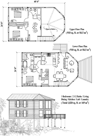 Elevated Hurricane-Proof Home in Florida (Two-Story Piling foundation) Floor Plan (1820 Sq. Ft. with 3 Bedrooms and 2.5 Bathrooms, including Living Room, Dining Room, Kitchen, Loft, Laundry). Best for home building in Florida and the Florida Keys.
