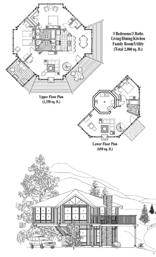 Enclosed Pedestal Homes & Houses Floor Plan (2000 Sq. Ft. with 3 Bedrooms and 3 Bathrooms, including Living Room, Kitchen, Dining Room, Family Room, Utility Room). Best for home building on sloping mountain terrain or in coastal and beachfront locations where elevated houses or raised homes are required.