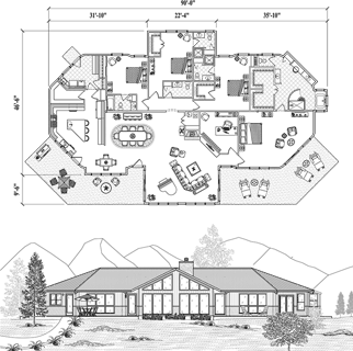 Premiere Hawaii Home Floor Plan (3470 Sq. Ft. with 4 Bedrooms and 4.5 Bathrooms, including Living, Dining, Kitchen, Office, Nook, Utility). Home building on sloping mountain terrain or coastal regions of Hawaii.