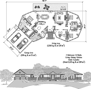 Signature Design Hawaii Home Floor Plan (3115 Sq. Ft. with 3 Bedrooms and 2.5 Bathrooms, including Living Room, Dining, Kitchen, Study, Laundry & Garage). Home building on sloping mountain terrain or coastal regions of Hawaii.