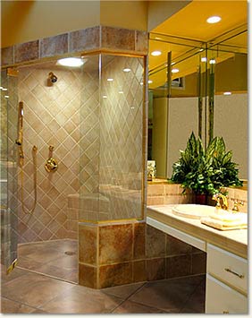 This shower and vanity are wheelchair-accessible and help ensure independent living.
