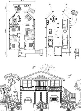 Hurricane-proof elevated Piling home, stilt house, or pedestal home Floor Plan (1360 Sq. Ft. with 3 Bedrooms and 2 Bathrooms, including Living, Dining, Kitchen, Laundry). Best for home building in the Bahamas and other Caribbean locations.